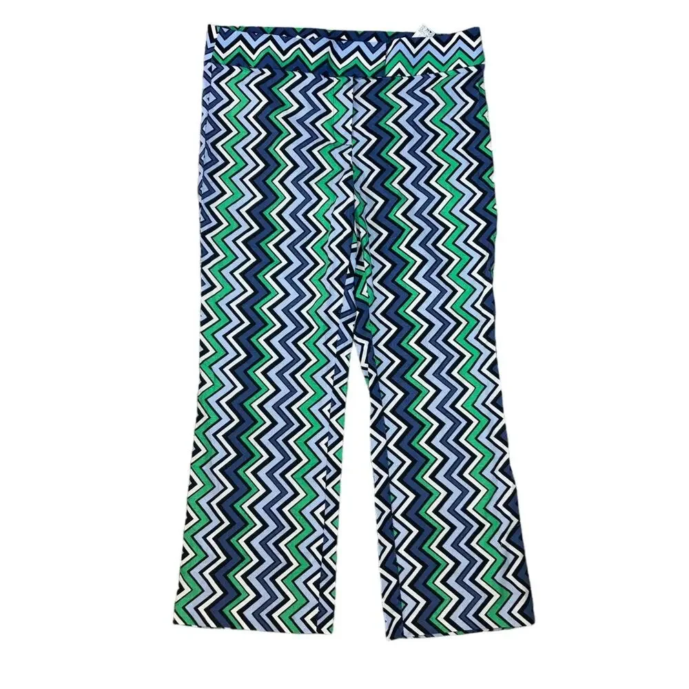 New Zara Chevron Blue Black White Green Linen Blend Pants Large